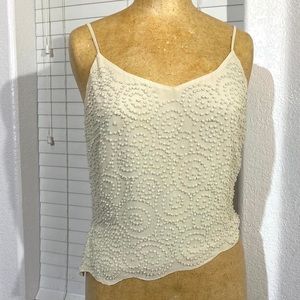 TAHARI silk on silk top tank beads embroidery cream tan size 6 sexy lightweight